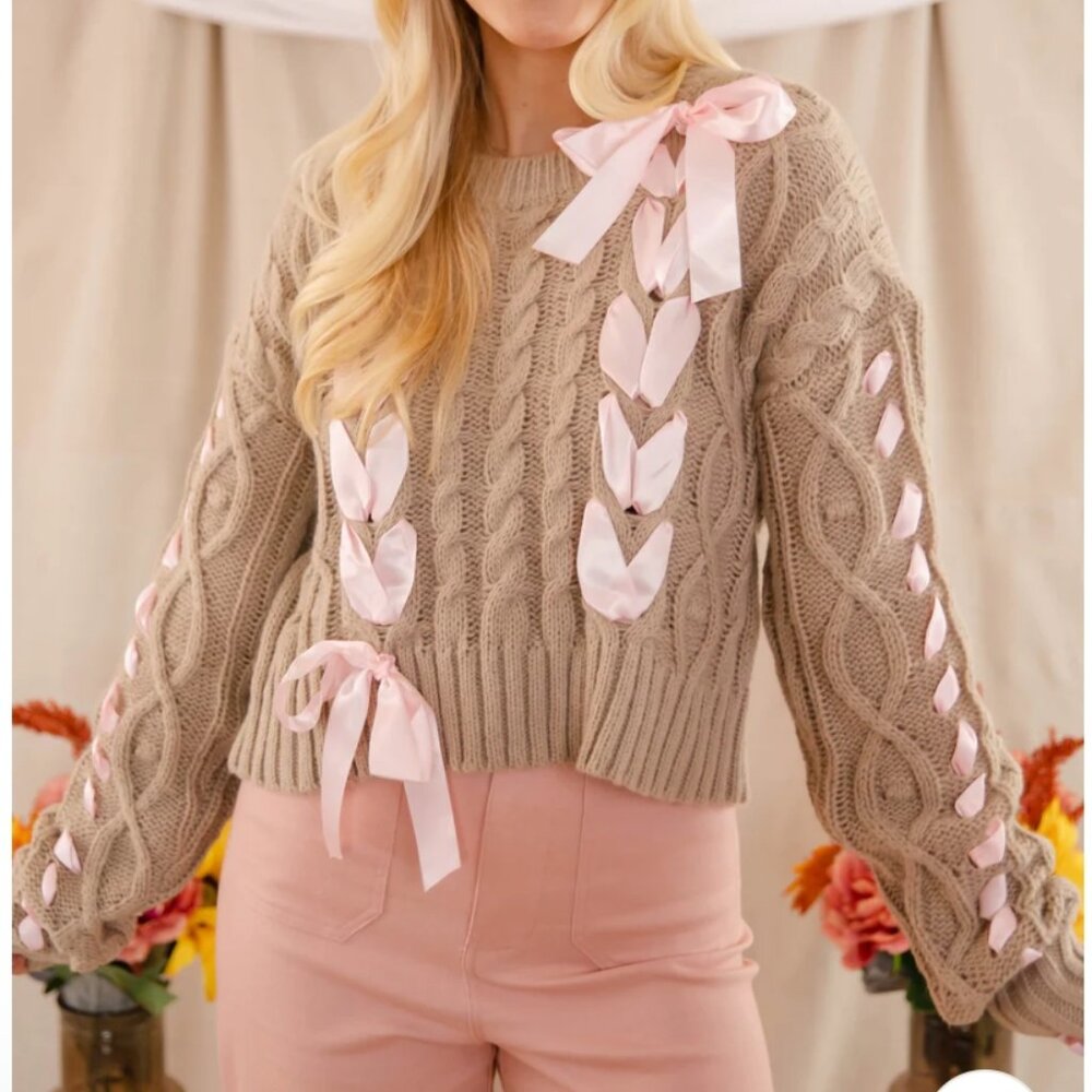 Juliana's Braided Pink Ribbon Cropped Chunky Cable Knit Sweater Taupe SIZE SMALL